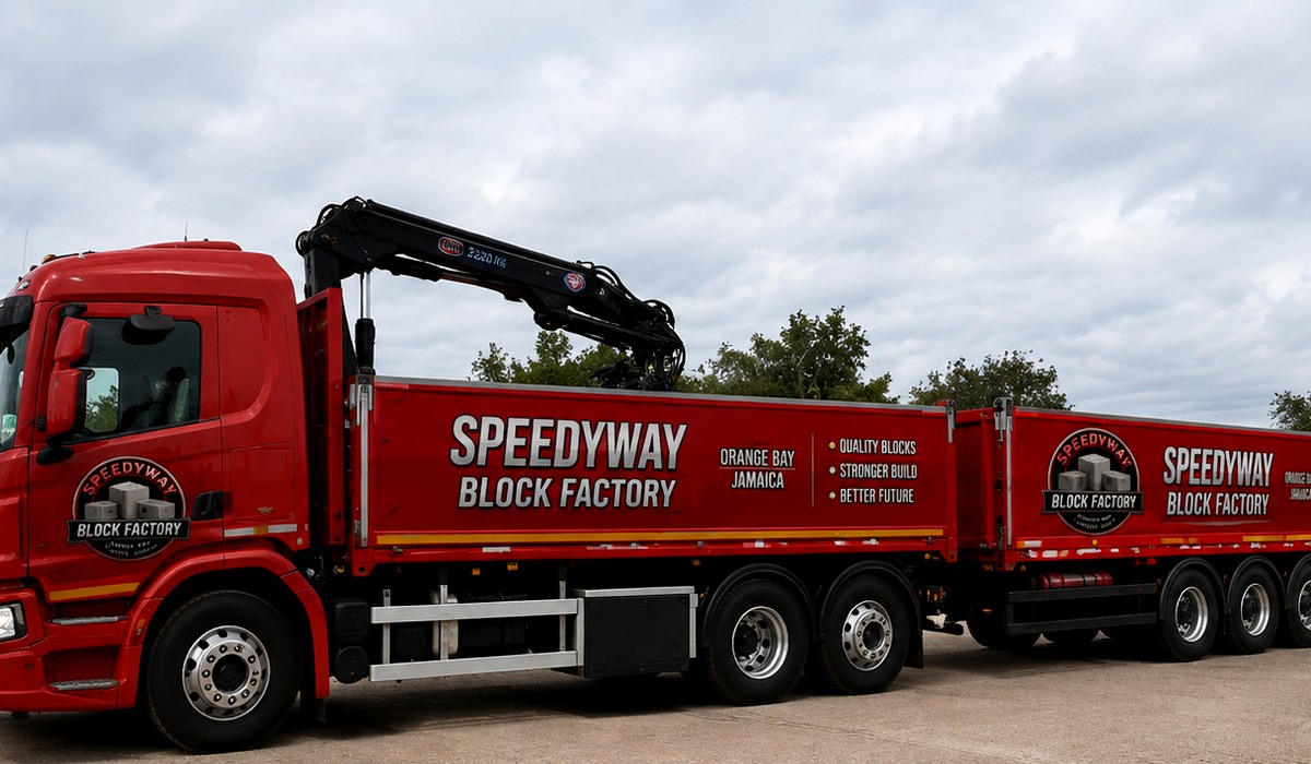 Speedy Way Block Factory branded crane-truck design preview
